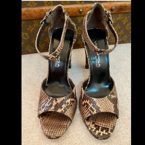 VINTAGE 90s VIA SPIGA SNAKESKIN PYTHON LEATHER HIGH HEELS PUMPS ANKLE STRAP 7.5M - Picture 2 of 9